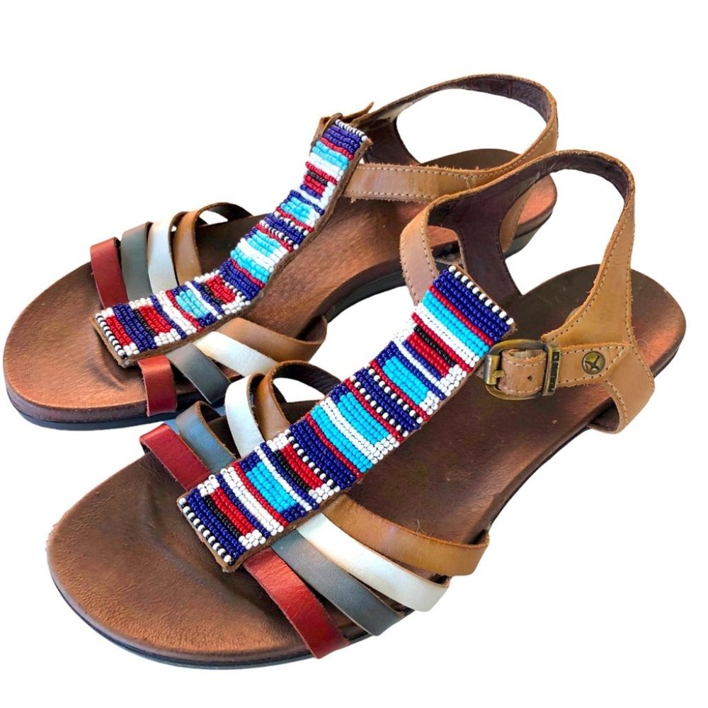 Pikolinos Beaded Sandal EU 38 Ankle Strap Brown Blue Red White